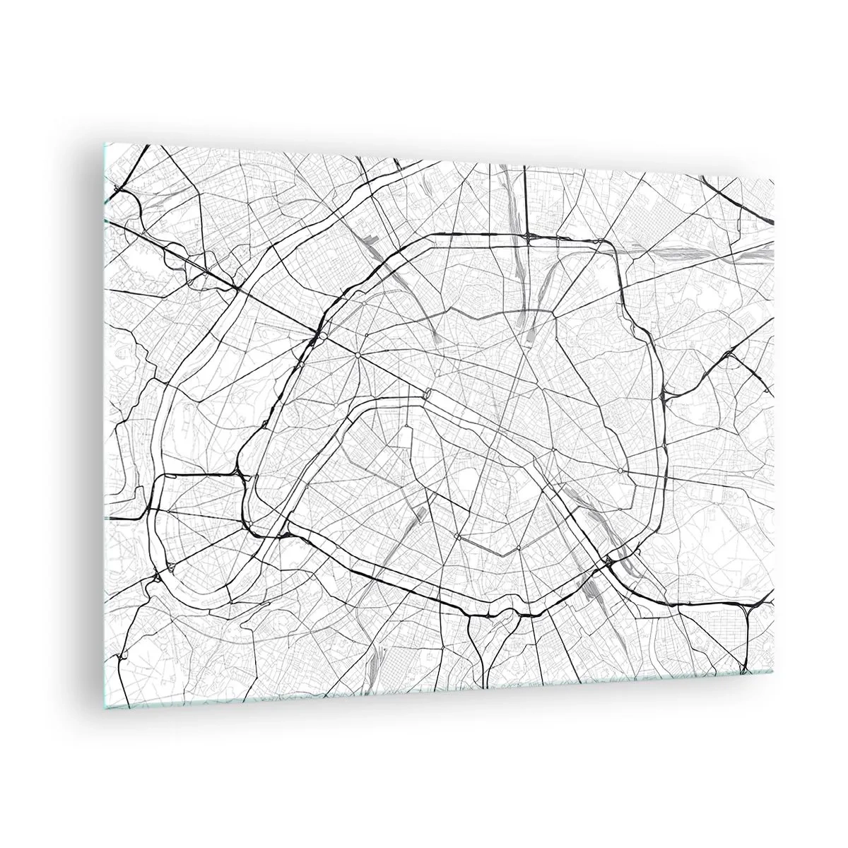 Obraz na skle - Čiernobiela mapa mesta s mriežkou ulíc a kruhovými tepnami - 70x50cm - Kvet Paríža - Moderná nástenná dekorácia do obývacej izby a spálne ARTTOR