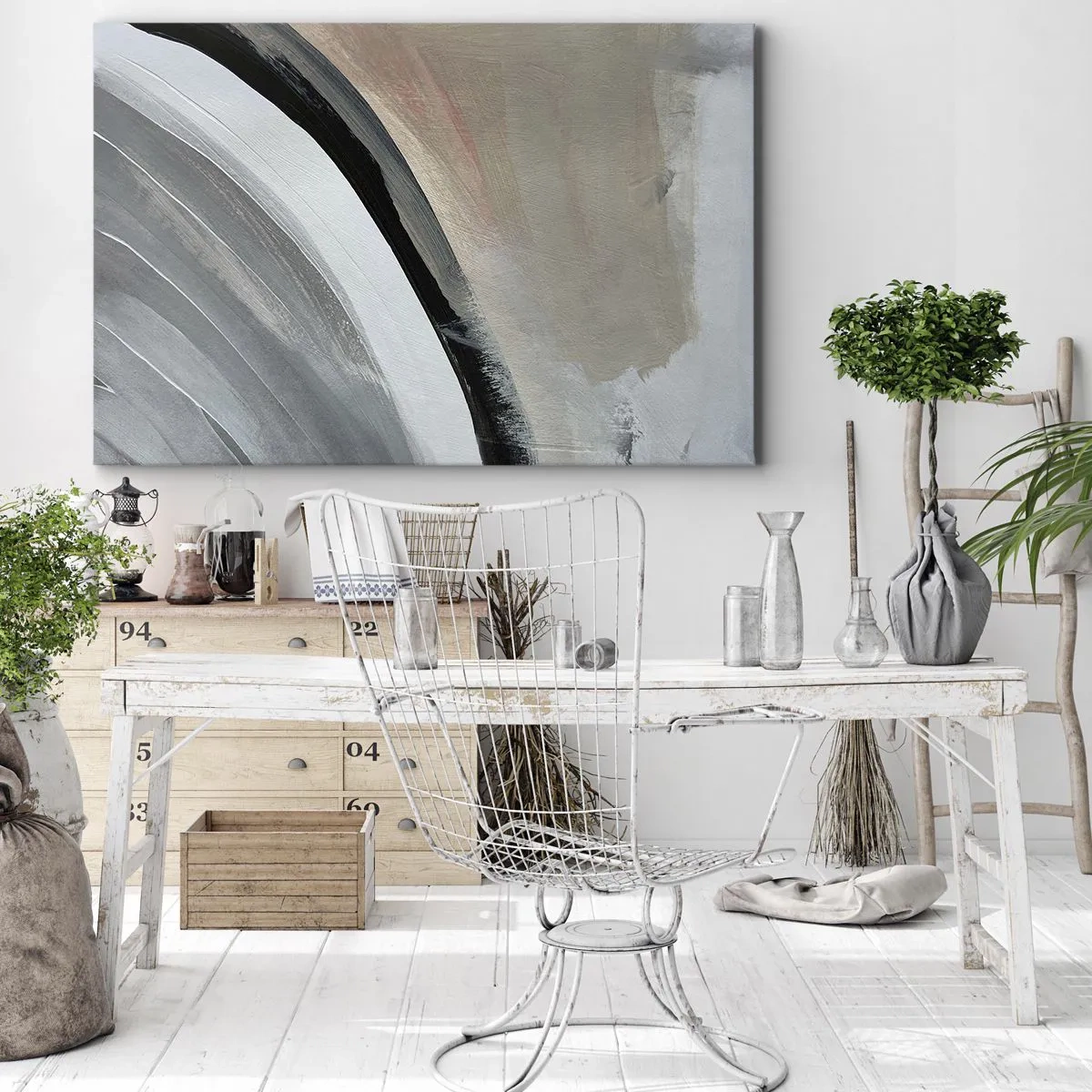 Obraz na plátne - Abstraktný oblúk v odtieňoch čiernej, sivej a béžovej - 70x50cm - Kompozícia: čierny a šedý oblúk - Moderná nástenná dekorácia do obývacej izby a spálne ARTTOR