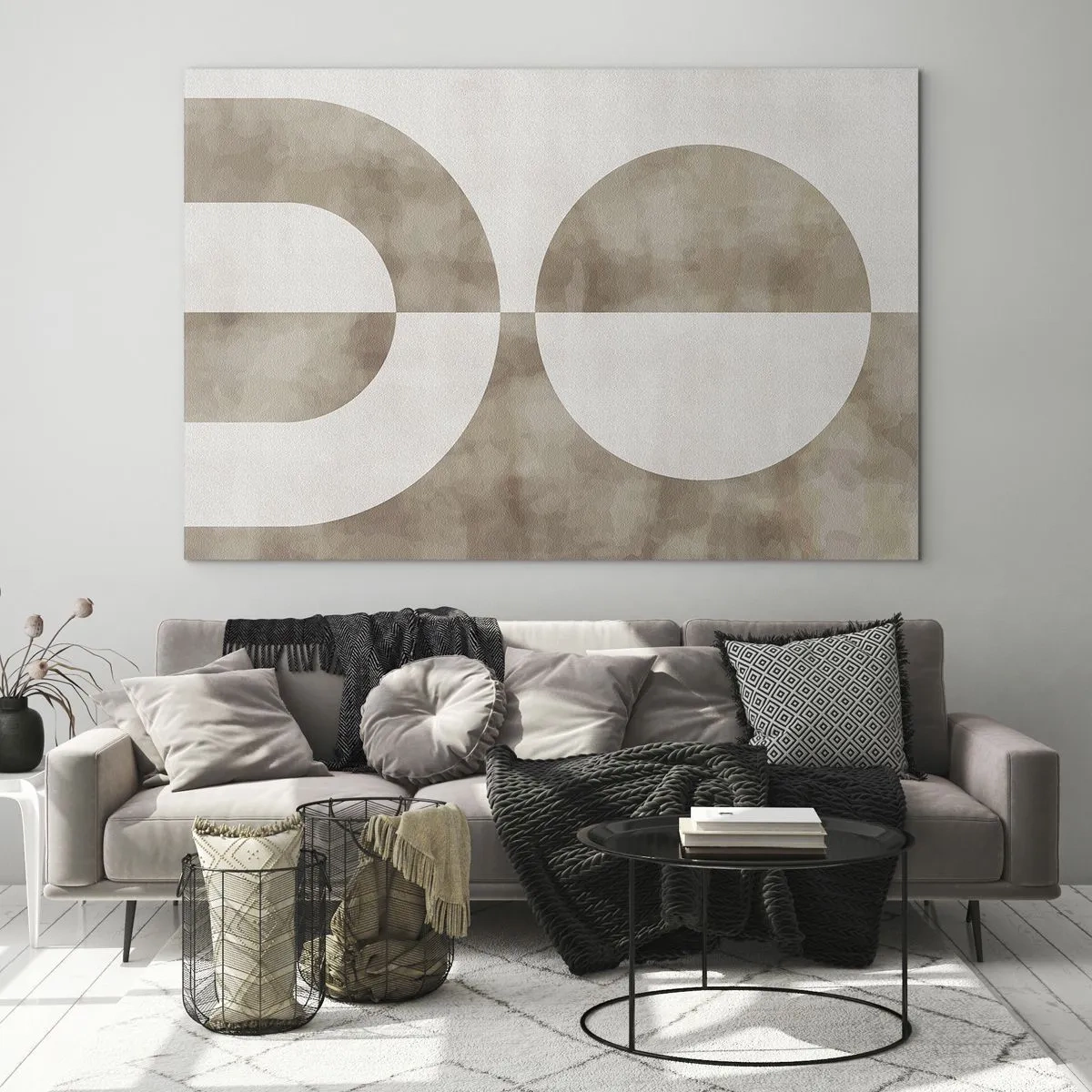 Obraz na skle - Béžová geometria s polkruhom a kruhom na horizontálnom pozadí - 70x50cm - Podobnosti a rozdiely - Moderná nástenná dekorácia do obývacej izby a spálne ARTTOR