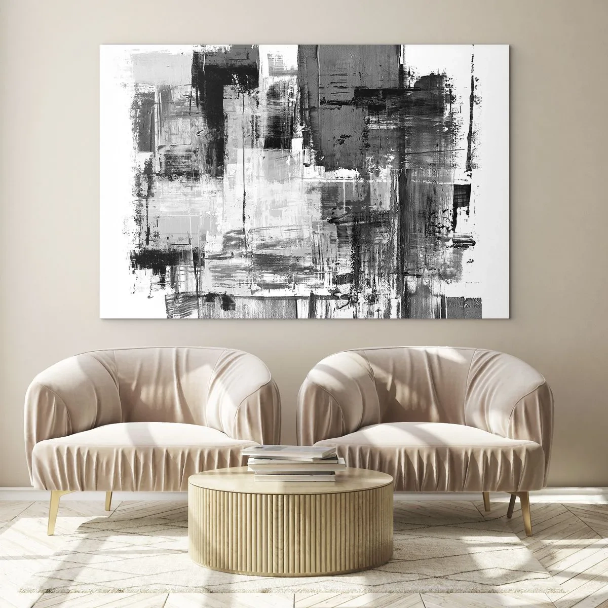 Obraz na skle - Čiernobiela abstrakcia s geometrickou štruktúrou - 70x50cm - Sivé je krásne - Moderná nástenná dekorácia do obývacej izby a spálne ARTTOR