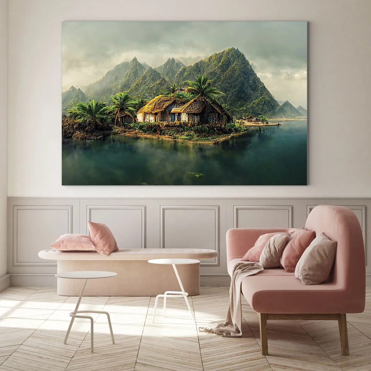 Obraz na skle - Tropická dedinka pri vode obklopená horami a palmami - 70x50cm - Tropický raj - Moderná nástenná dekorácia do obývacej izby a spálne ARTTOR