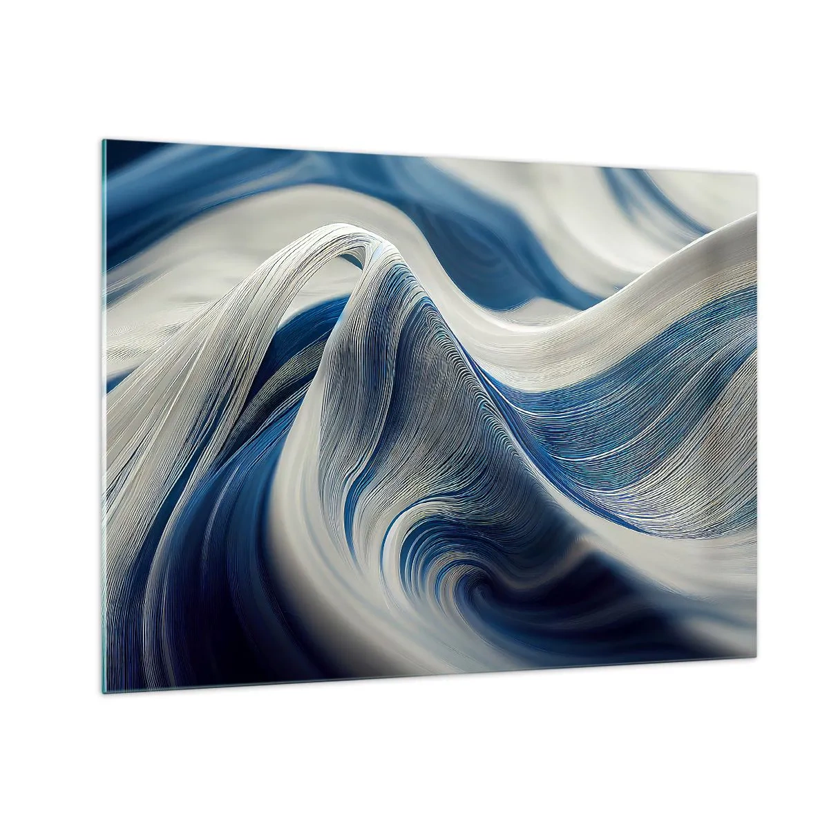 Obraz na skle - Dynamická abstrakcia v odtieňoch modrej a bielej - 70x50cm - Plynulosť modrej a bielej - Moderná nástenná dekorácia do obývacej izby a spálne ARTTOR
