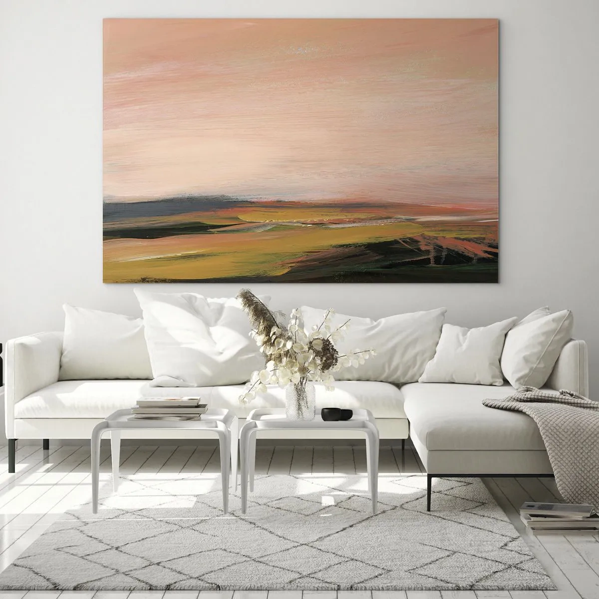 Obraz na skle - Abstraktná krajina v odtieňoch ružovej a sivozelenej. - 70x50cm - V ružových tónoch - Moderná nástenná dekorácia do obývacej izby a spálne ARTTOR