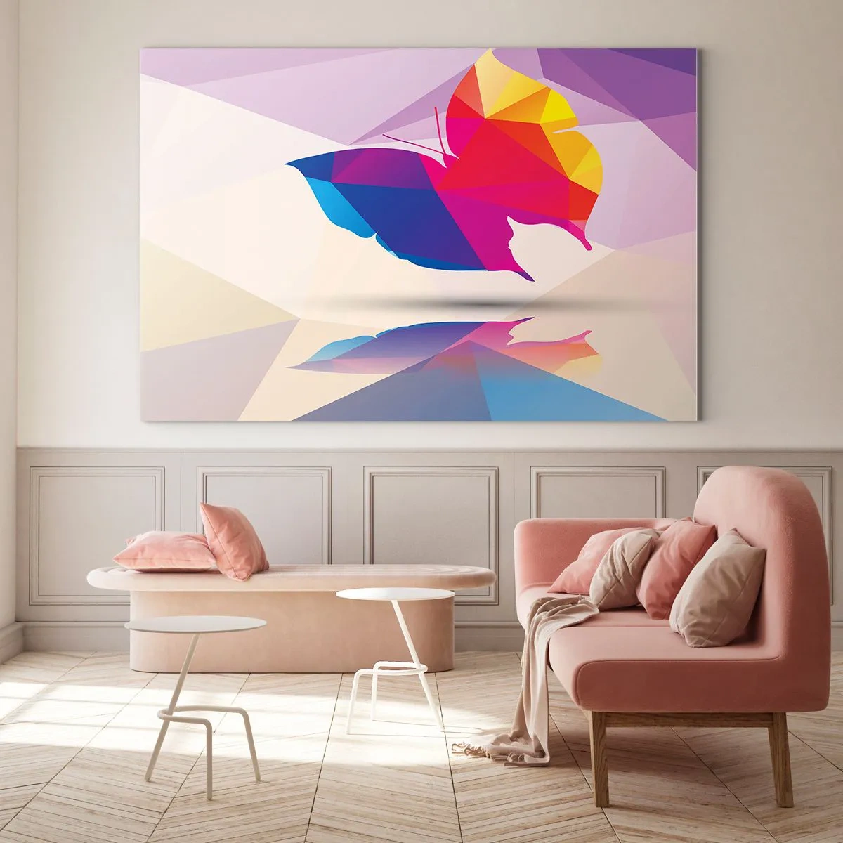 Obraz na skle - Geometrický motýľ v žiarivo farebnej abstrakcii - 70x50cm - Motýlia dúha - Moderná nástenná dekorácia do obývacej izby a spálne ARTTOR
