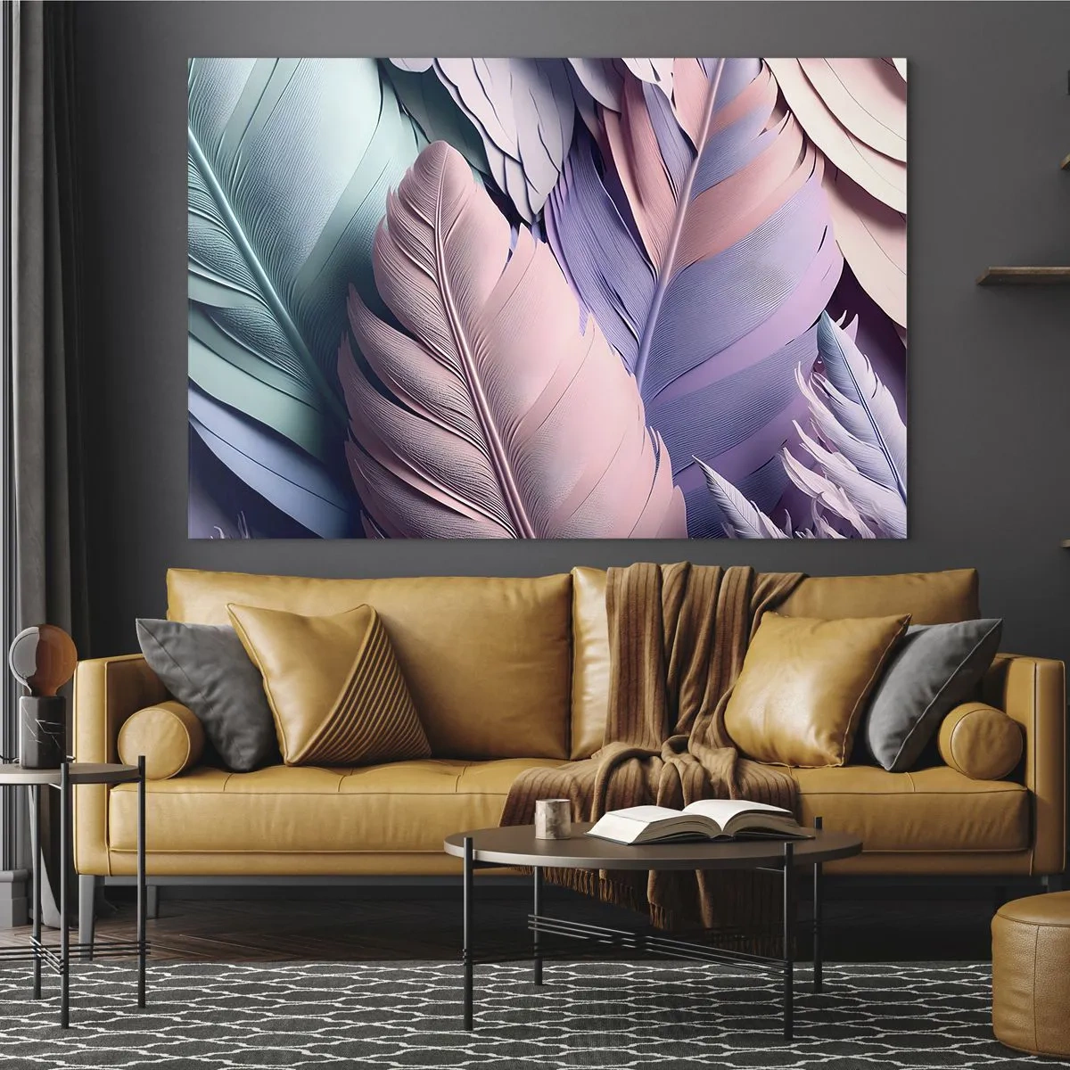 Obraz na skle - Pastelové pierka v odtieňoch ružovej, fialovej a tyrkysovej - 70x50cm - Vtáčí štýl - Moderná nástenná dekorácia do obývacej izby a spálne ARTTOR