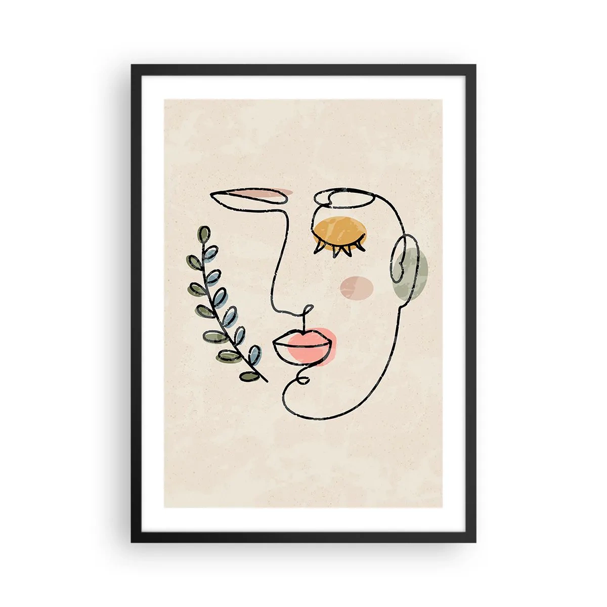Plagát v čiernom ráme - Minimalistický líniový portrét ženy na béžovom pozadí - 50x70cm - Nájdený pokoj - Moderná nástenná dekorácia do obývacej izby a spálne ARTTOR