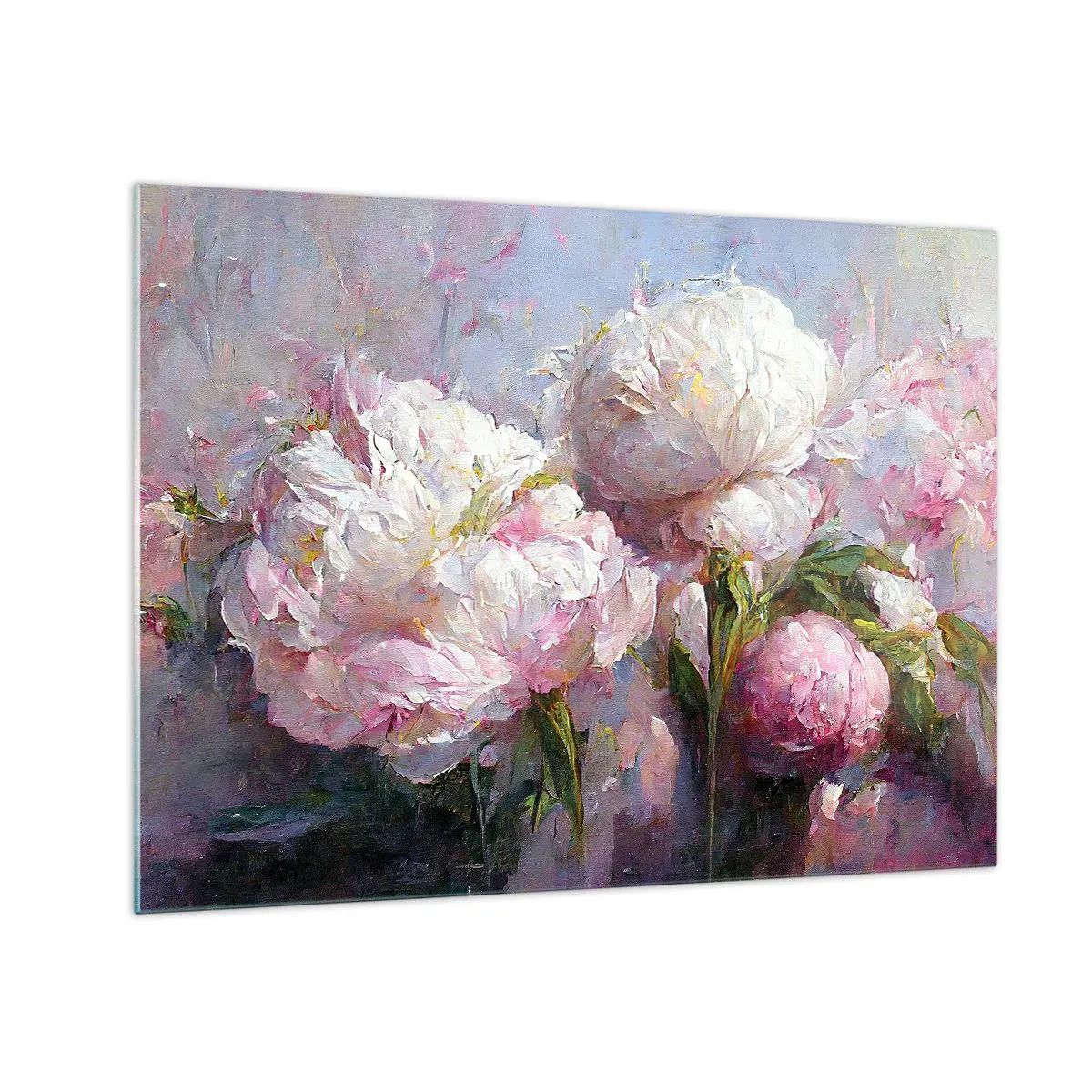 Obraz na skle - Olejomaľba kvitnúcich bielych a ružových pivoniek - 70x50cm - Kytica prekypujúca životom - Moderná nástenná dekorácia do obývacej izby a spálne ARTTOR