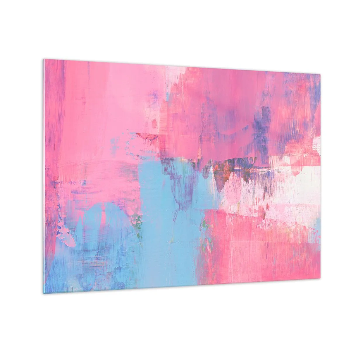 Obraz na skle - Energická abstrakcia v odtieňoch ružovej a modrej - 70x50cm - Ružová, modrá a štipka svetla - Moderná nástenná dekorácia do obývacej izby a spálne ARTTOR