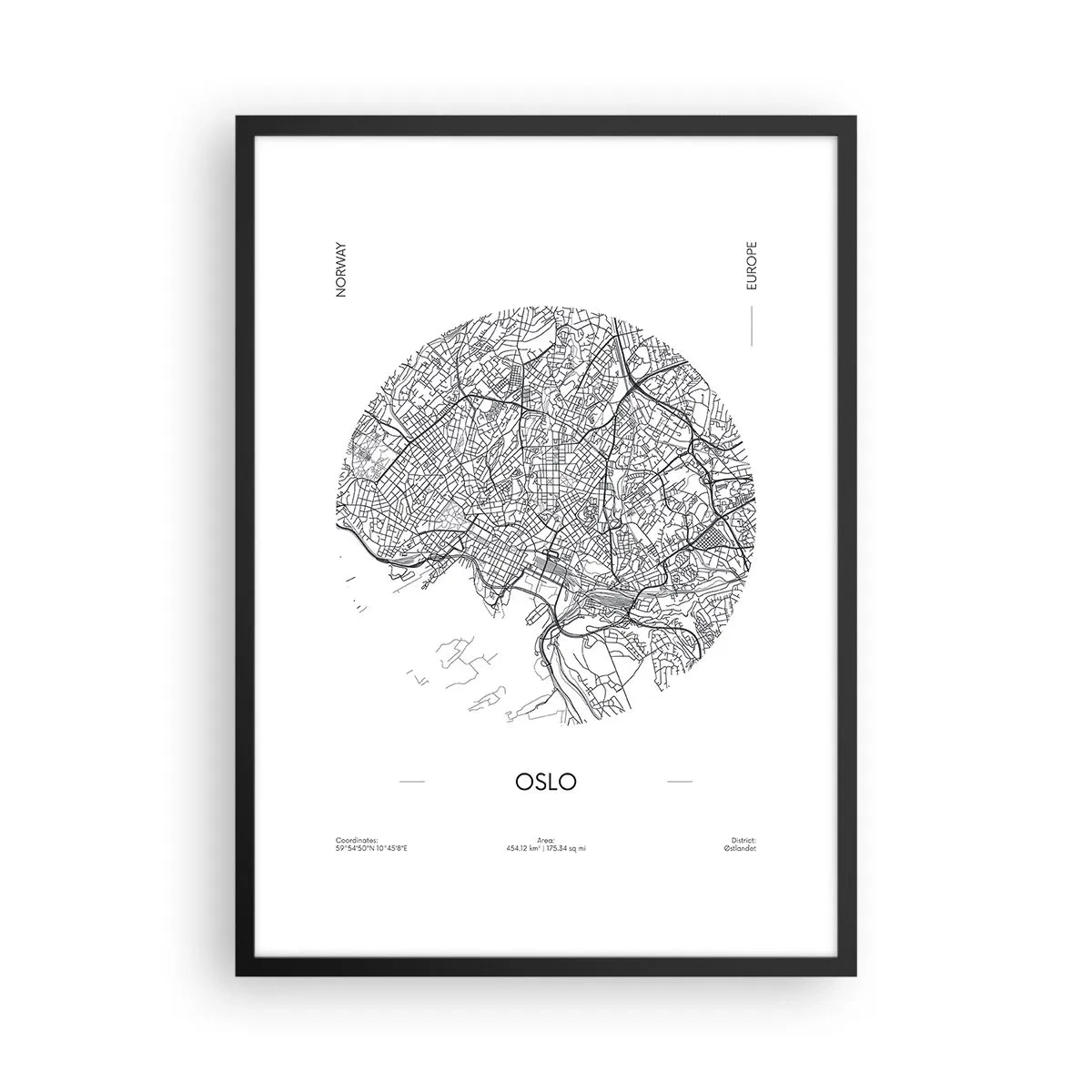 Plagát v čiernom ráme - Minimalistická čiernobiela mapa Osla - 50x70cm - Anatómia Osla - Moderná nástenná dekorácia do obývacej izby a spálne ARTTOR