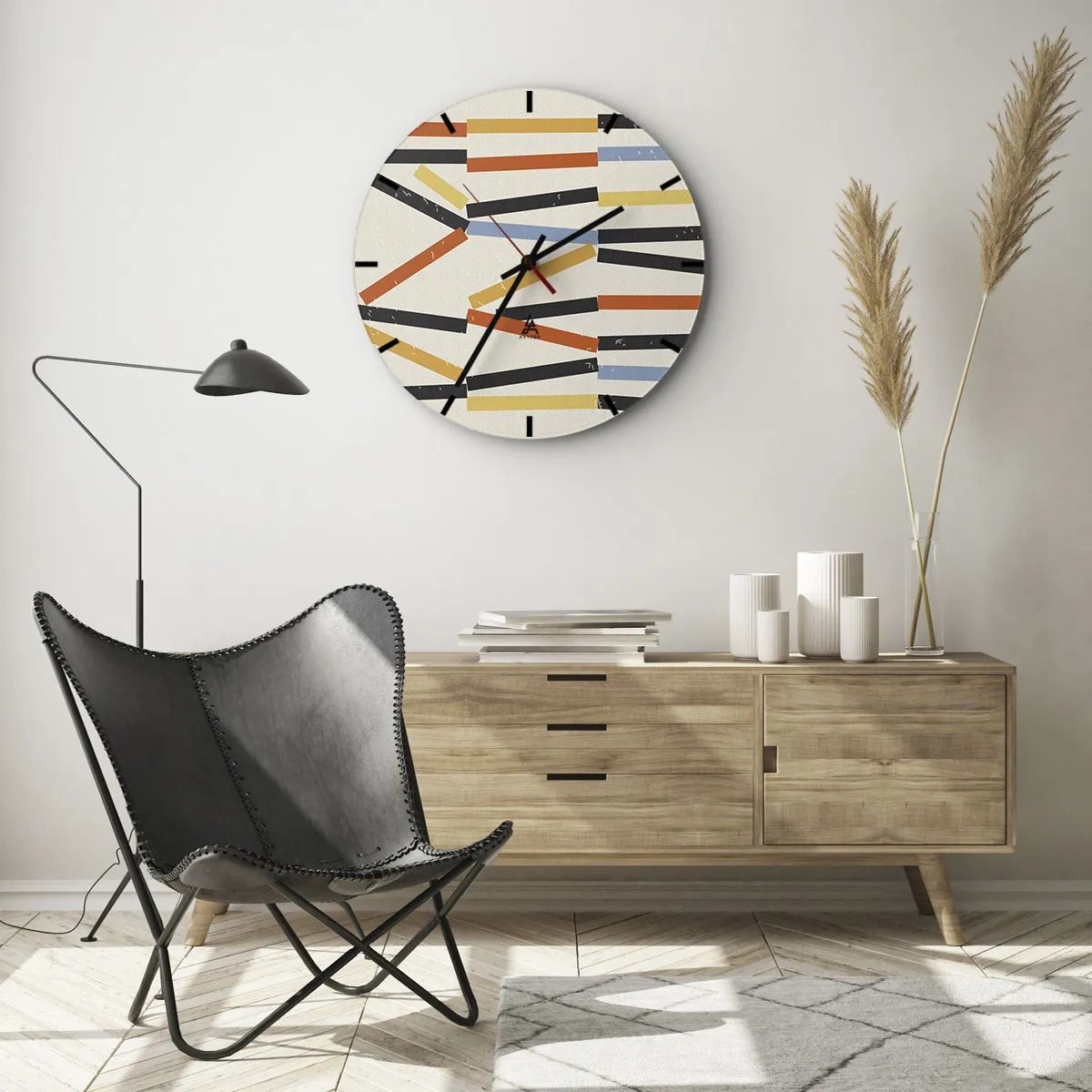 Nástenné hodiny - Farebné a čierne obdĺžniky usporiadané horizontálne na svetlom pozadí - 30x30cm - Kompozícia na úrovni - Moderná nástenná dekorácia do obývacej izby, kuchyne a spálne ARTTOR