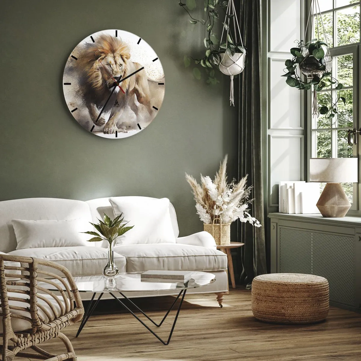 Nástenné hodiny - Dynamický záber leva v pohybe na bielom pozadí s efektom prachu. - 30x30cm - Kráľ sa pohol - Moderná nástenná dekorácia do obývacej izby, kuchyne a spálne ARTTOR