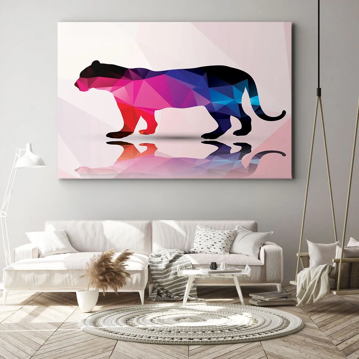 Obraz na plátne - Geometrická silueta pantera v odtieňoch ružovej a modrej - 70x50cm - Diamantový panter - Moderná nástenná dekorácia do obývacej izby a spálne ARTTOR