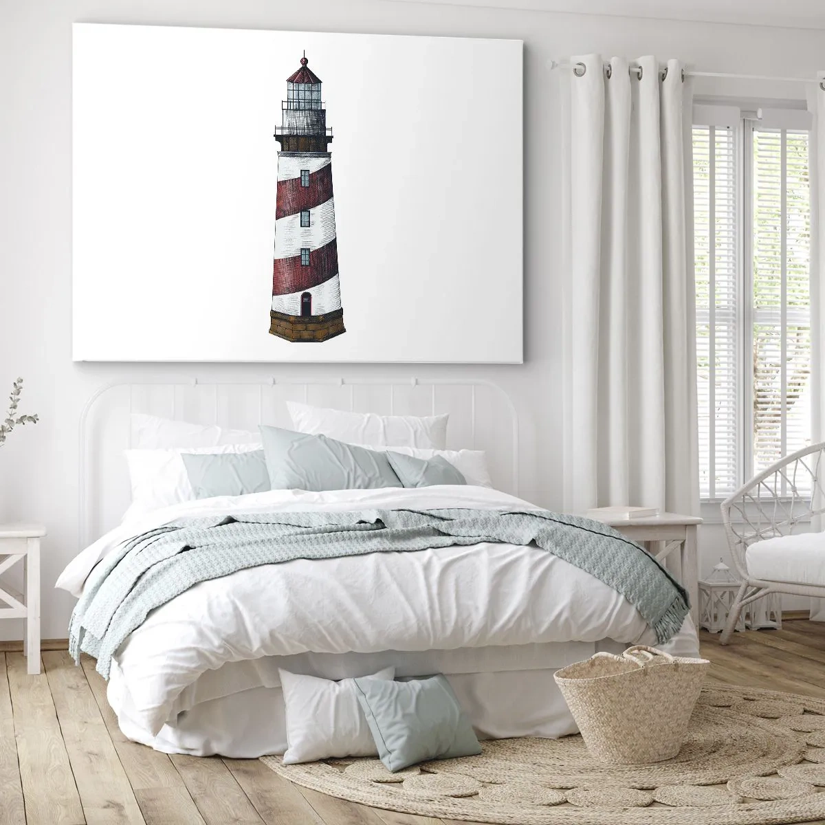 Obraz na plátne - Kreslený obrázok majáka s červenými a bielymi pruhmi na minimalistickom pozadí. - 70x50cm - Vždy na stráži - Moderná nástenná dekorácia do obývacej izby a spálne ARTTOR