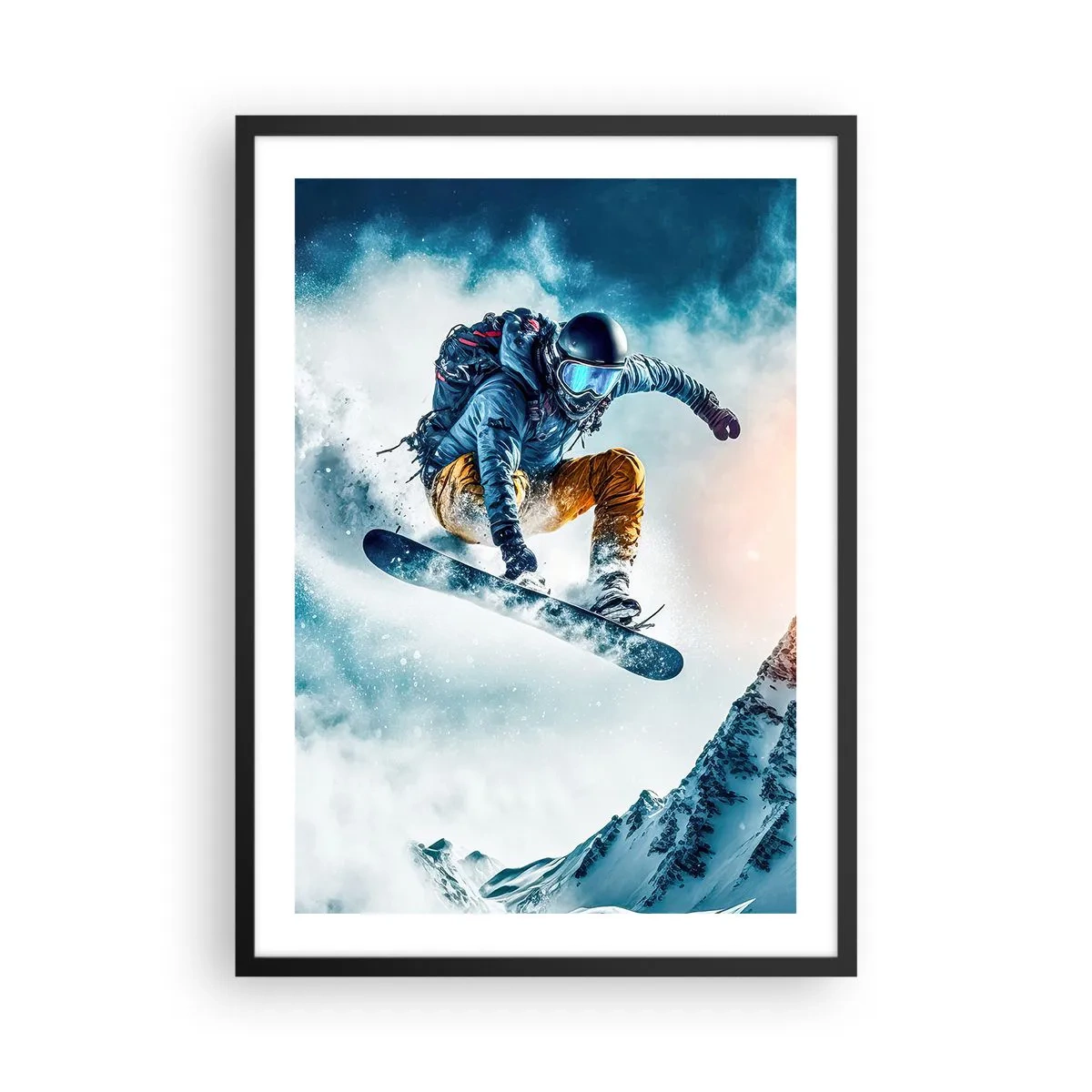 Plagát v čiernom ráme - Snowboardista letí ponad zasnežený vrchol hory - 50x70cm - Extrémne emócie - Moderná nástenná dekorácia do obývacej izby a spálne ARTTOR