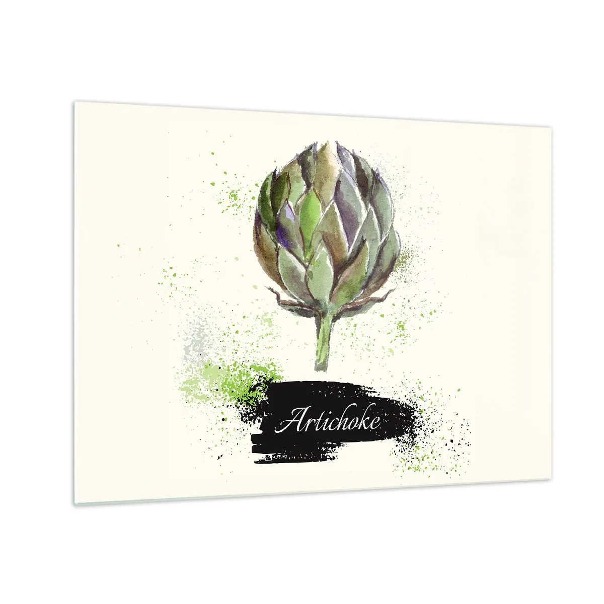 Obraz na skle - Akvarelová grafika artičoky s napísaným slovom Artichoke - 70x50cm - Nech žije zelenina! - Moderná nástenná dekorácia do obývacej izby a spálne ARTTOR