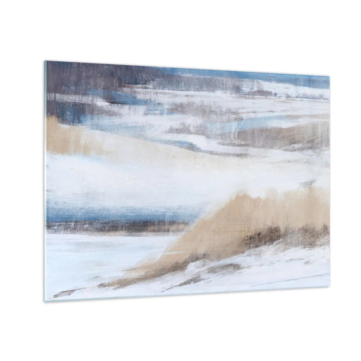 Obraz na skle - Jemná abstrakcia v chladných béžových a modrých tónoch. - 70x50cm - Zimná kompozícia - Moderná nástenná dekorácia do obývacej izby a spálne ARTTOR