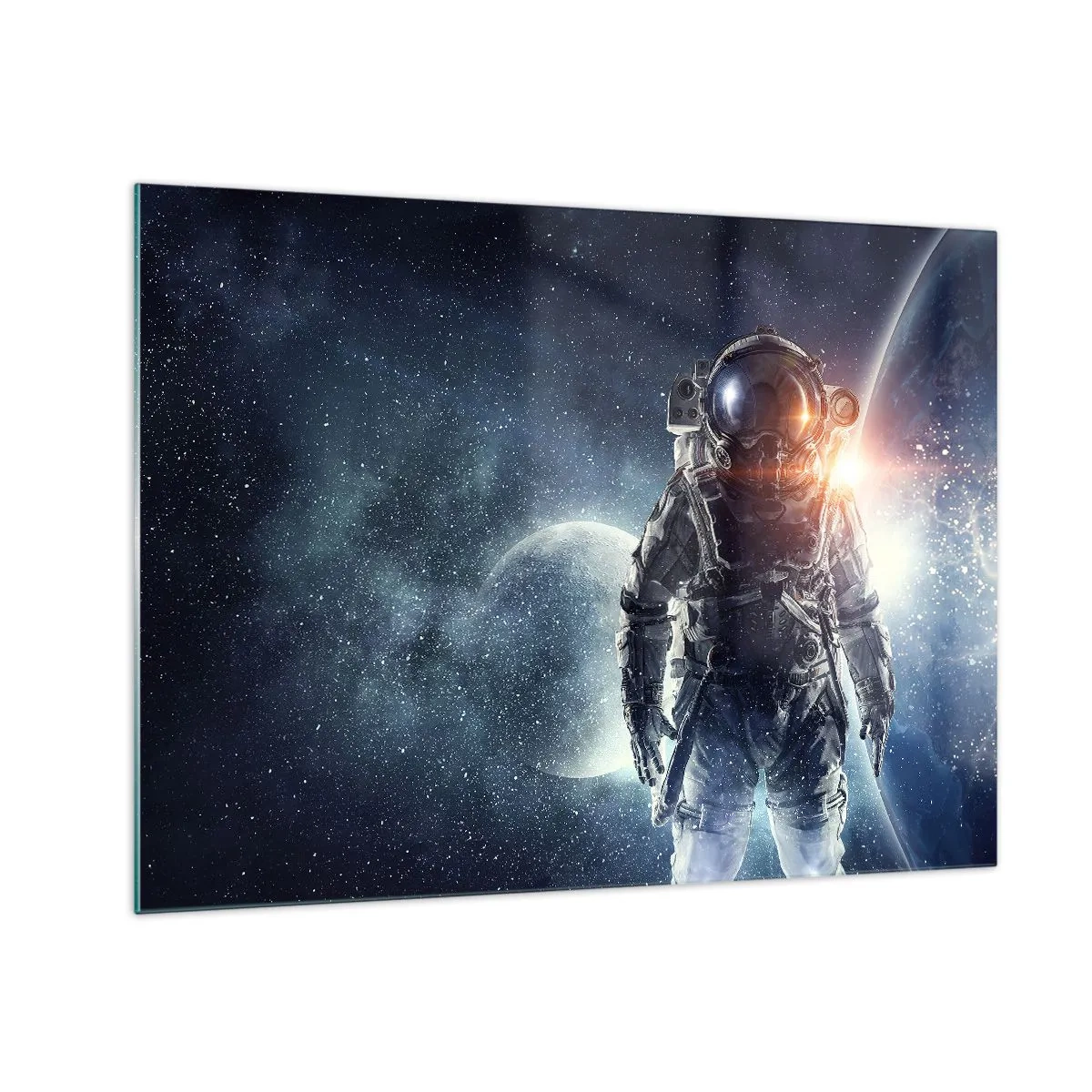 Obraz na skle - Astronaut na pozadí planét a hviezd - 70x50cm - Vesmírne dobrodružstvo - Moderná nástenná dekorácia do obývacej izby a spálne ARTTOR
