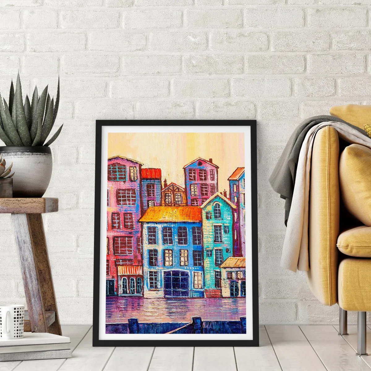 Plagát v čiernom ráme - Farebné činžiakové domy pri vode v maliarskom štýle - 50x70cm - Mesto ako z rozprávky - Moderná nástenná dekorácia do obývacej izby a spálne ARTTOR