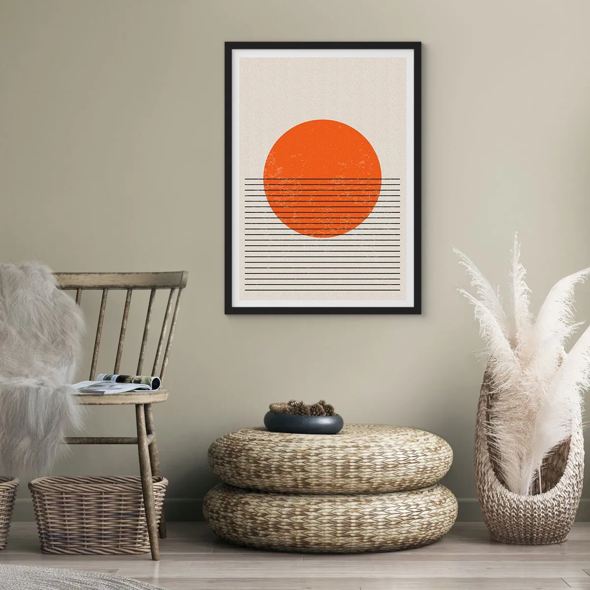Plagát v čiernom ráme - Minimalistický západ slnka v geometrickom tvare - 50x70cm - Vždy slnko - Moderná nástenná dekorácia do obývacej izby a spálne ARTTOR