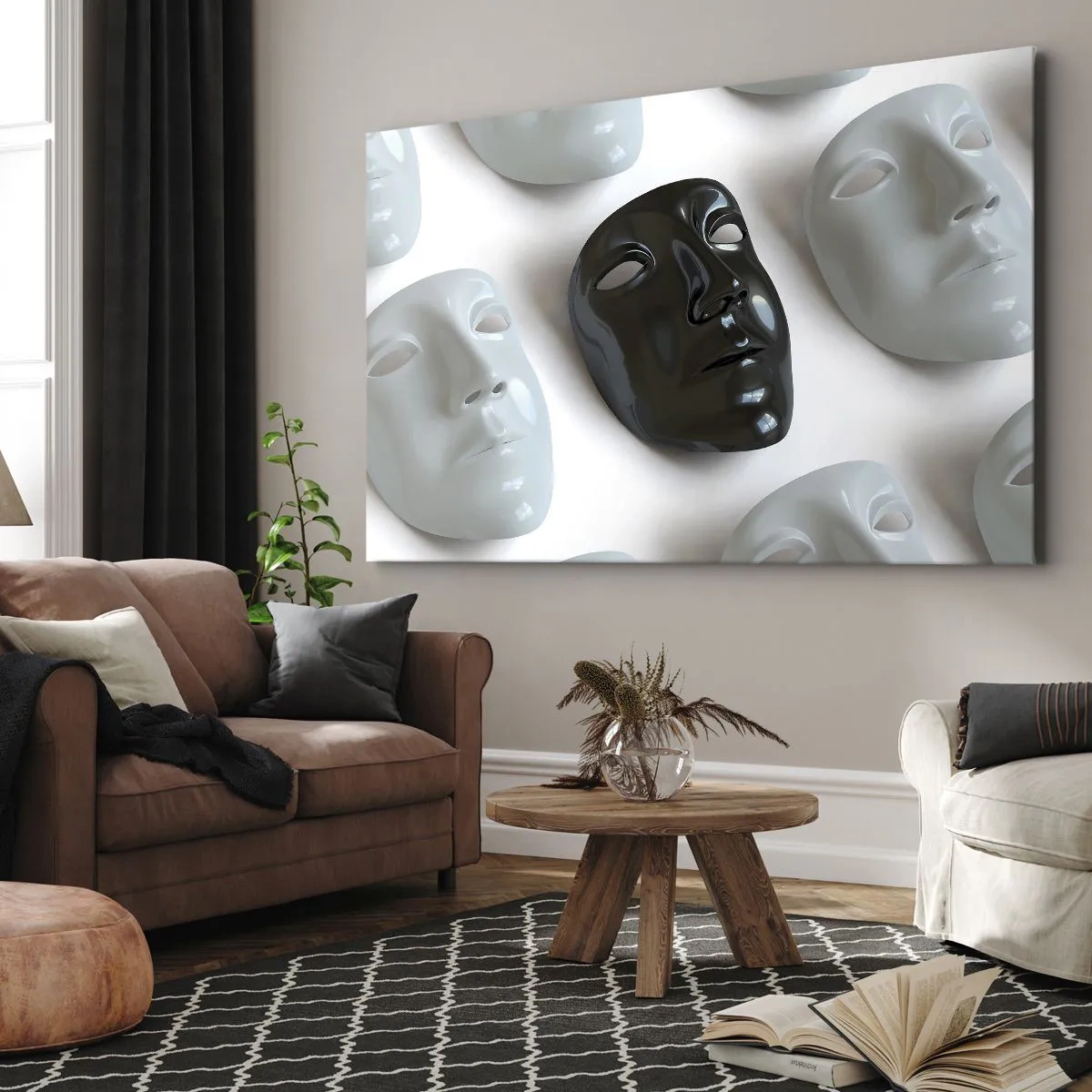 Obraz na plátne - Čiernobiele masky na svetlom pozadí - 70x50cm - Ako sa odlíšiť? - Moderná nástenná dekorácia do obývacej izby a spálne ARTTOR