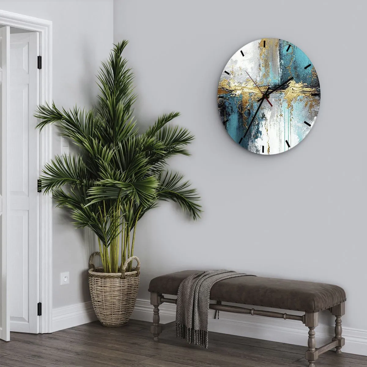 Nástenné hodiny - Abstraktné ťahy farby v tyrkysovej, bielej a zlatej farbe - 30x30cm - Všetko plynie - Moderná nástenná dekorácia do obývacej izby, kuchyne a spálne ARTTOR