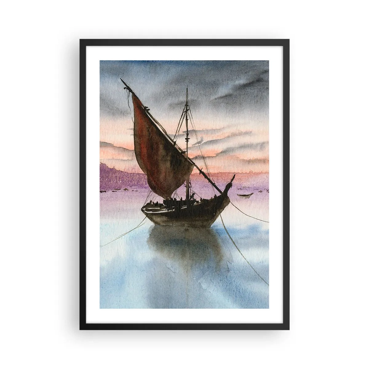 Plagát v čiernom ráme - Plachetnica na pokojnej vode vo svetle západu slnka - 50x70cm - Večer v prístave - Moderná nástenná dekorácia do obývacej izby a spálne ARTTOR