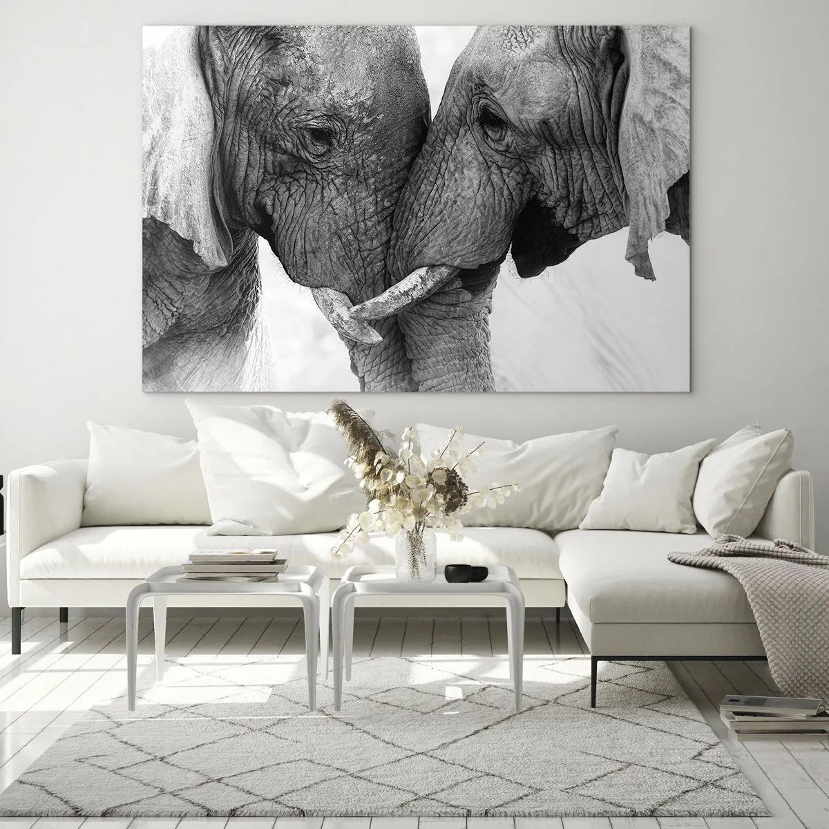 Obraz na skle - Dva slony sa dotýkajú čelami v čiernobielej farbe - 70x50cm - Úprimné vyznanie - Moderná nástenná dekorácia do obývacej izby a spálne ARTTOR