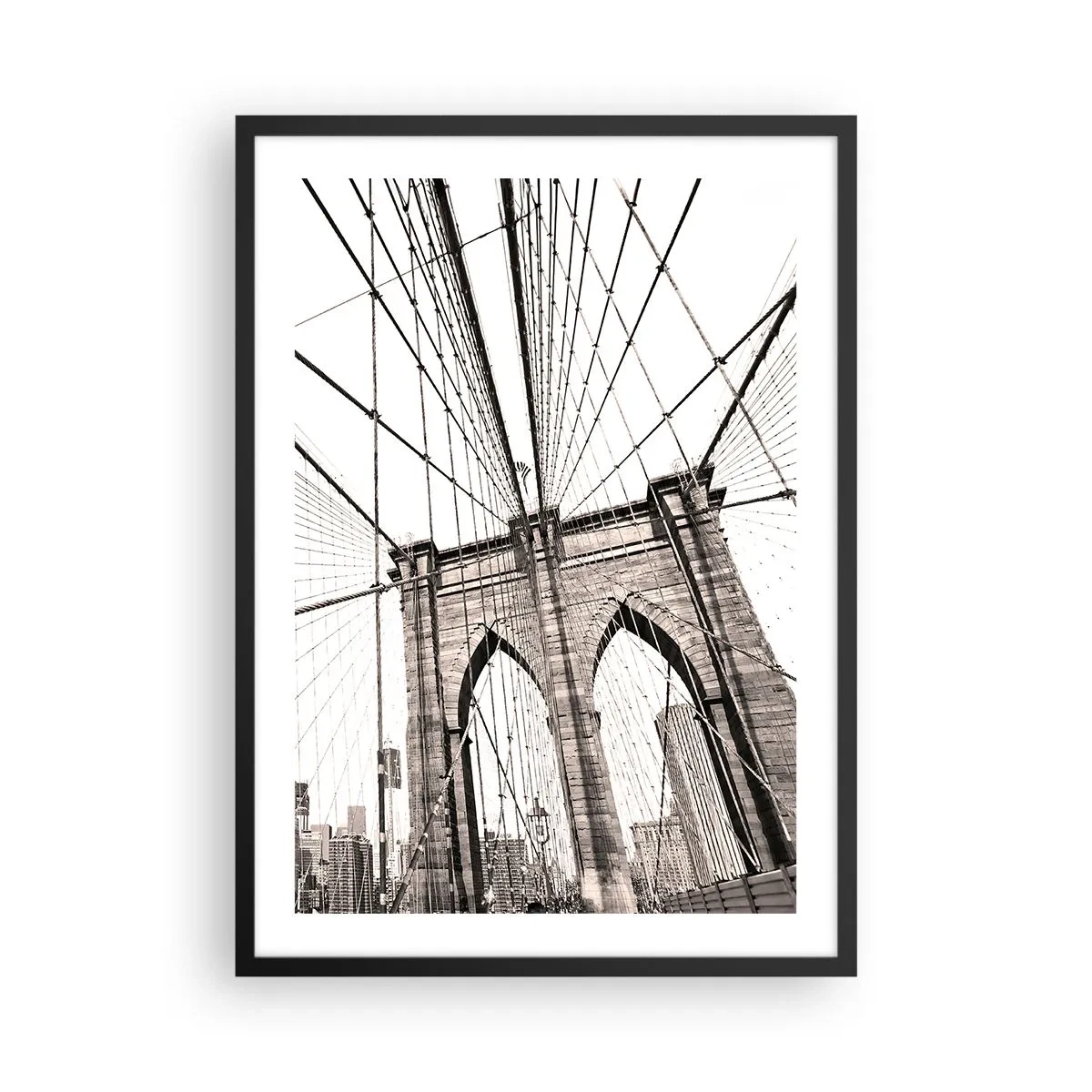 Plagát v čiernom ráme - Čiernobiela fotografia mosta z pohľadu lávky pre peších. - 50x70cm - Newyorská katedrála - Moderná nástenná dekorácia do obývacej izby a spálne ARTTOR