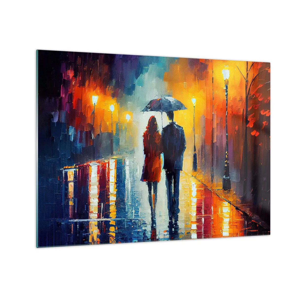 Obraz na skle - Pár pod dáždnikom na farebnej nočnej ulici v daždi. - 70x50cm - Spolu – farebná noc - Moderná nástenná dekorácia do obývacej izby a spálne ARTTOR