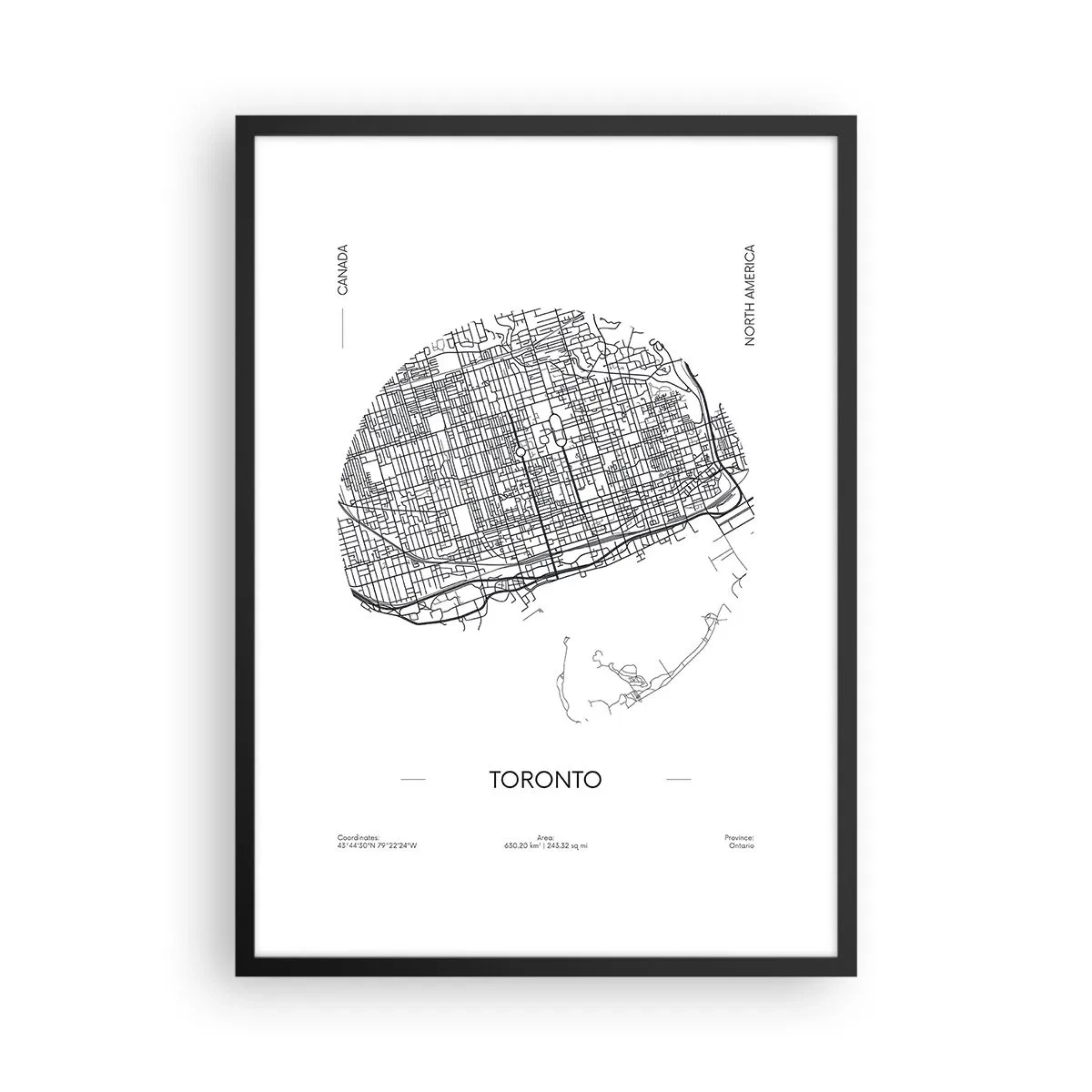 Plagát v čiernom ráme - Minimalistická čiernobiela mapa Toronta - 50x70cm - Anatómia Toronta - Moderná nástenná dekorácia do obývacej izby a spálne ARTTOR