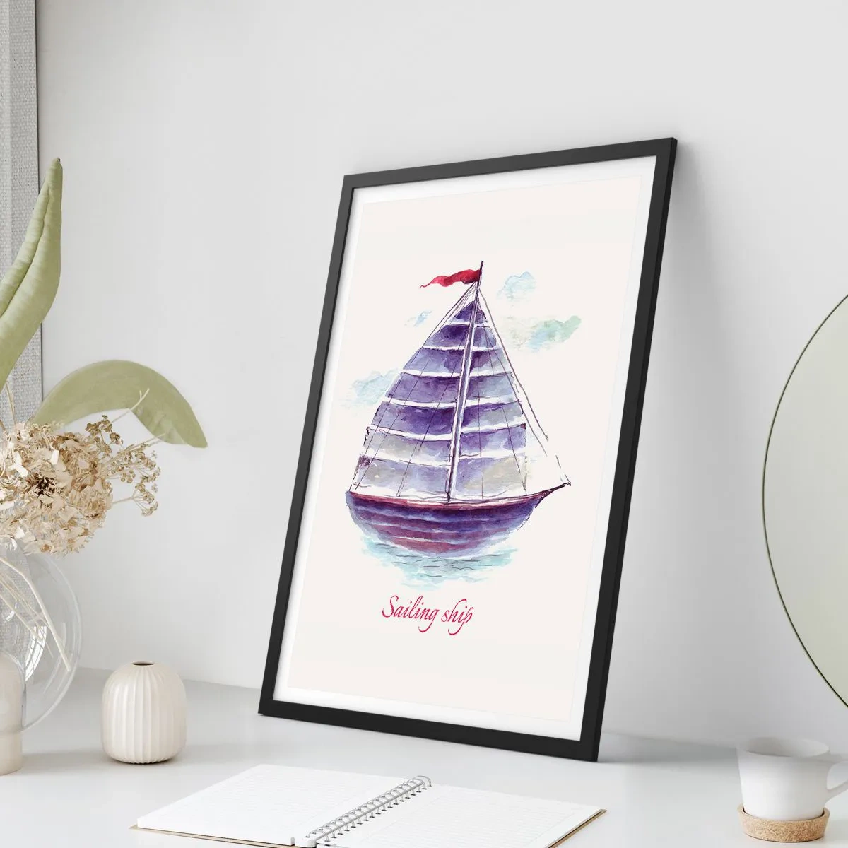 Plagát v čiernom ráme - Akvarelová ilustrácia plachetnice na pokojnej vode - 50x70cm - Napnuté plachty a pokojná voda - Moderná nástenná dekorácia do obývacej izby a spálne ARTTOR