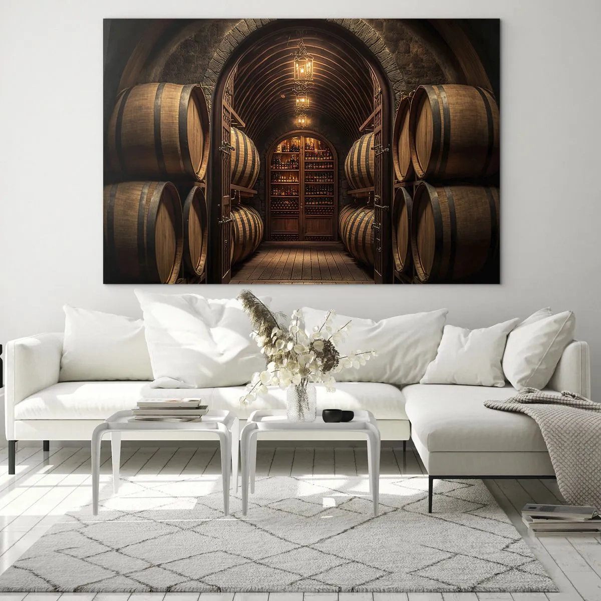Obraz na skle - Vinohrad so sudmi a osvetlenou pivnicou plnou fliaš - 70x50cm - Nádherná pivnica - Moderná nástenná dekorácia do obývacej izby a spálne ARTTOR