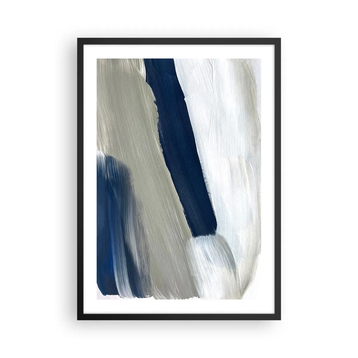 Plagát v čiernom ráme - Abstraktné ťahy štetcom v odtieňoch námorníckej modrej - 50x70cm - Stretnutie s bielou - Moderná nástenná dekorácia do obývacej izby a spálne ARTTOR