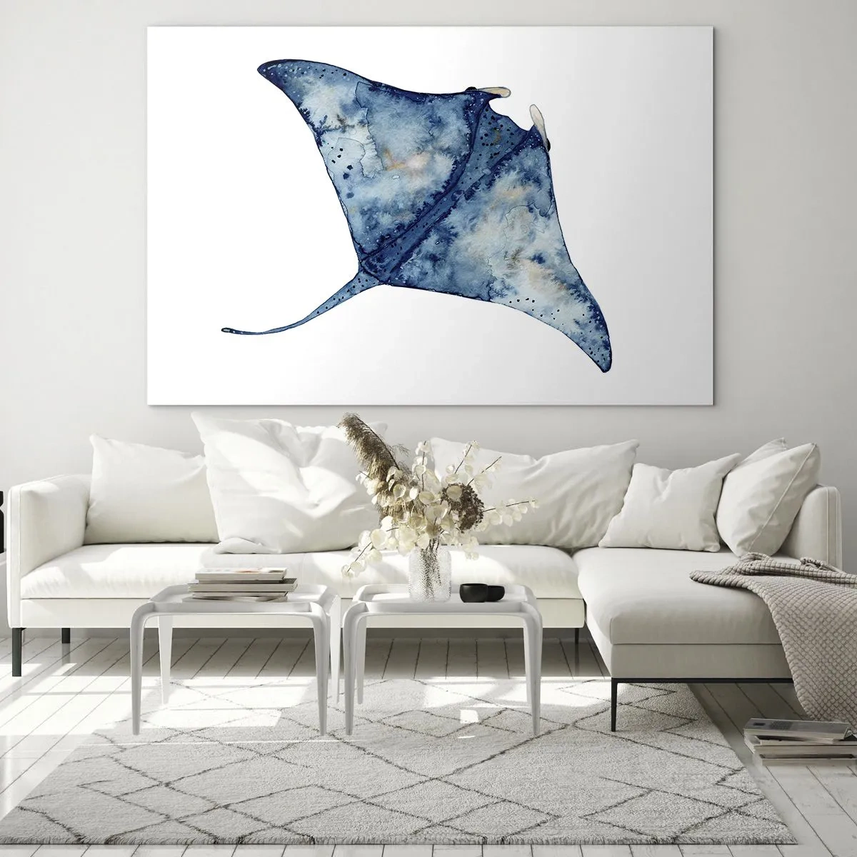 Obraz na skle - Námornícky modrý lúč v akvarelovom štýle na bielom pozadí - 70x50cm - Modrý život - Moderná nástenná dekorácia do obývacej izby a spálne ARTTOR