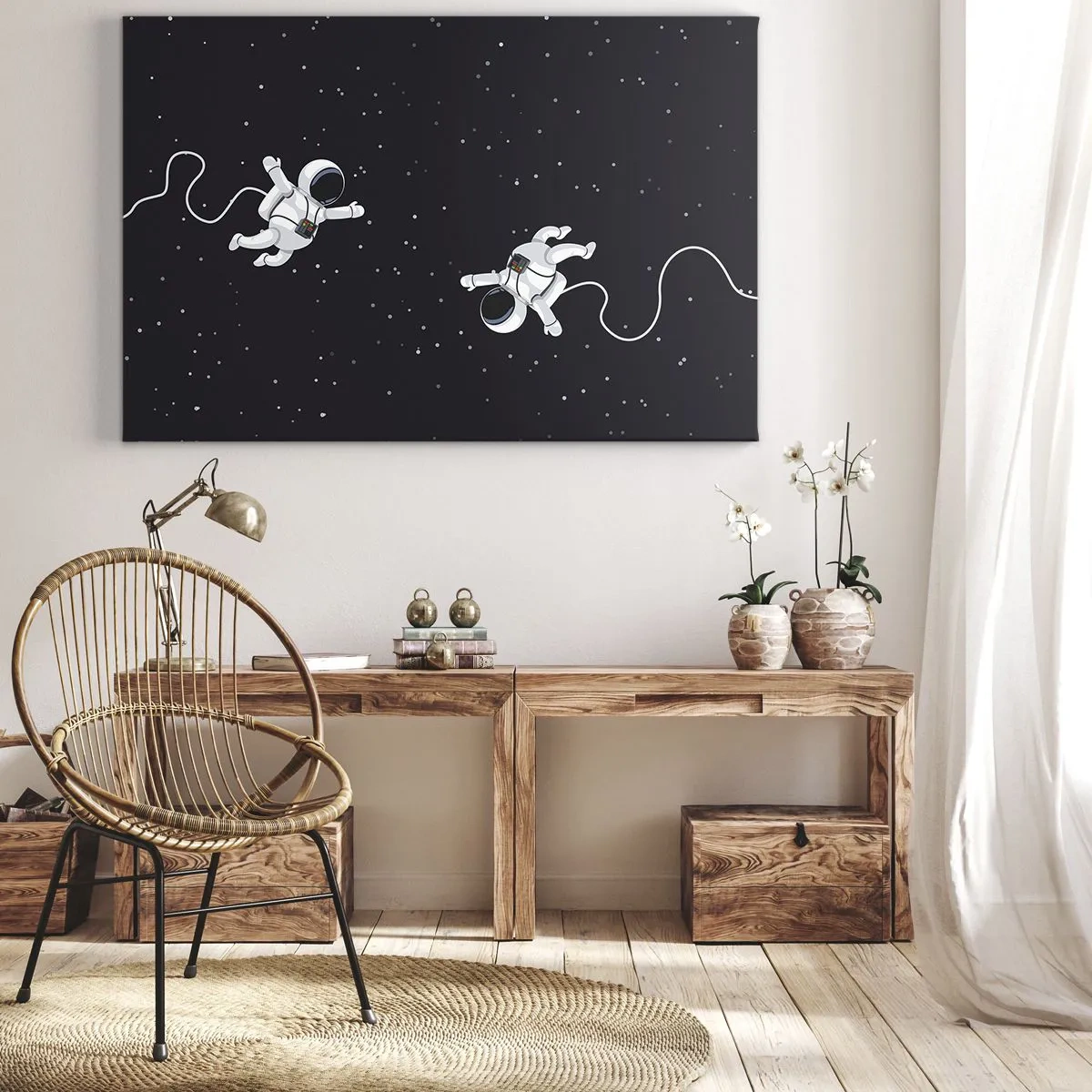 Obraz na plátne - Astronauti vznášajúci sa vo vesmíre na pozadí hviezd - 70x50cm - Kozmický tanec - Moderná nástenná dekorácia do obývacej izby a spálne ARTTOR