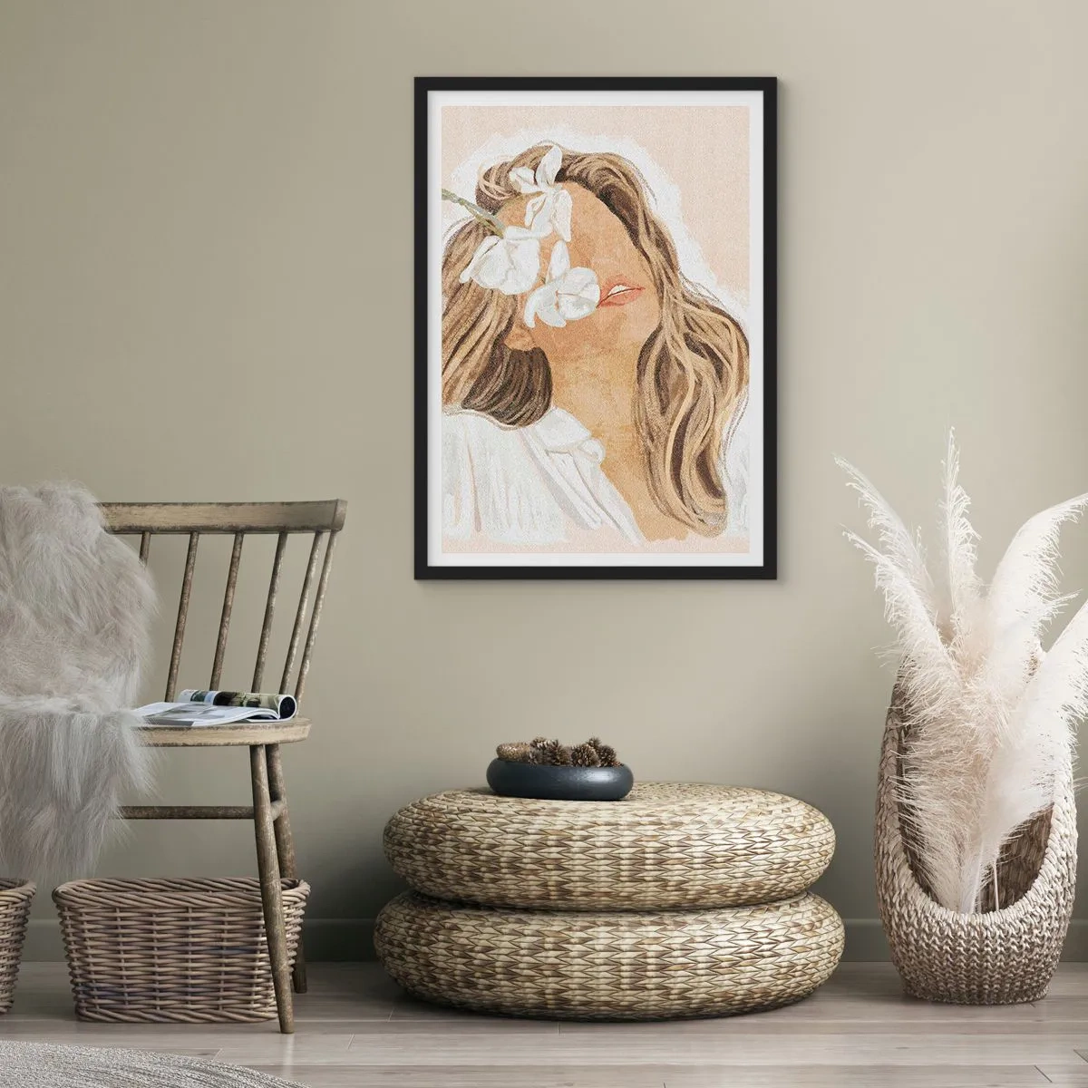 Plagát v čiernom ráme - Portrét ženy s kvetmi zakrývajúcimi jej tvár - 50x70cm - Medzi kvetinami - Moderná nástenná dekorácia do obývacej izby a spálne ARTTOR