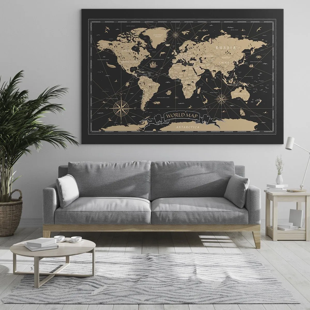 Obraz na skle - Štylizovaná mapa sveta v odtieňoch béžovej a čiernej - 70x50cm - Hranice môjho sveta - Moderná nástenná dekorácia do obývacej izby a spálne ARTTOR