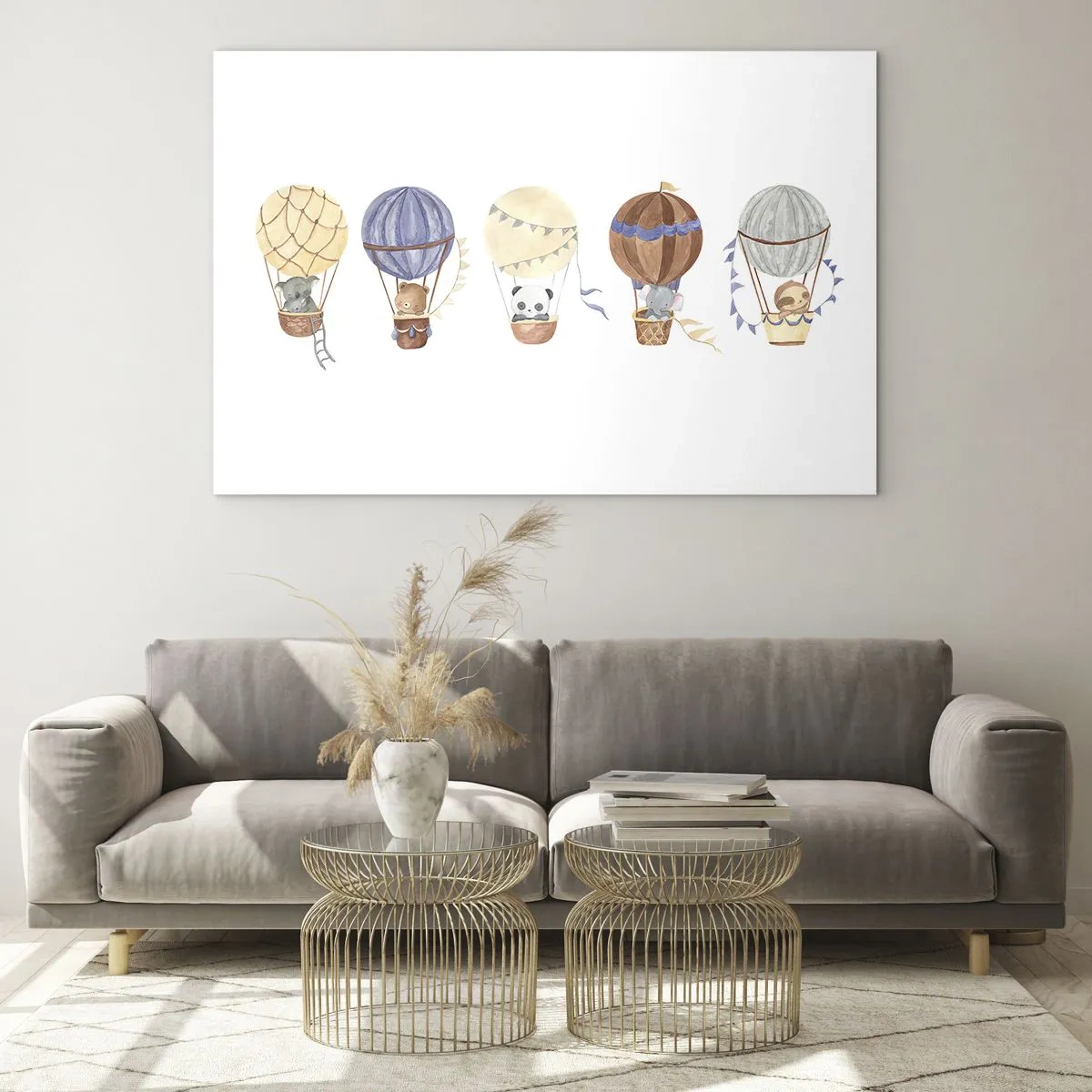 Obraz na skle - Zvieratá lietajúce v balónoch v akvarelovom štýle - 70x50cm - Priatelia na cestách - Moderná nástenná dekorácia do obývacej izby a spálne ARTTOR