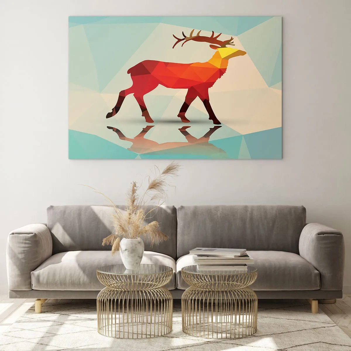 Obraz na skle - Geometrický jeleň v farebnej abstrakcii - 70x50cm - Geometrický jeleň - Moderná nástenná dekorácia do obývacej izby a spálne ARTTOR