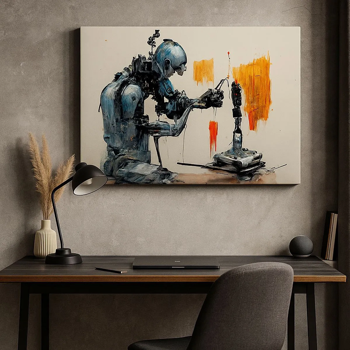 Obraz na plátne - Robot pri práci s abstraktným pozadím - 70x50cm - Už zajtra… - Moderná nástenná dekorácia do obývacej izby a spálne ARTTOR