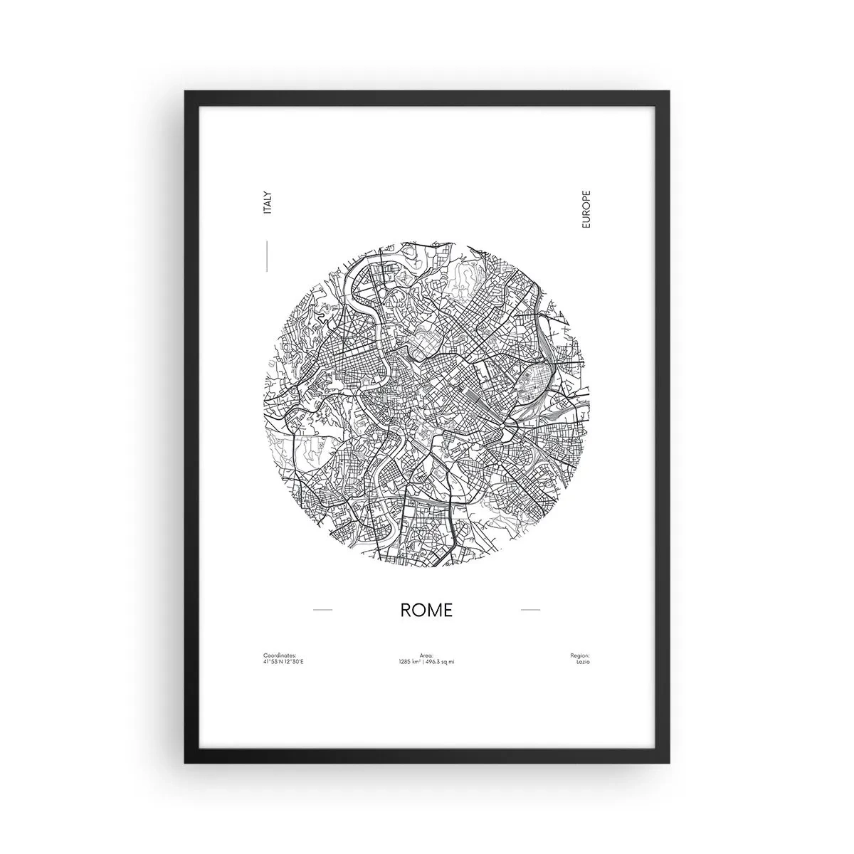 Plagát v čiernom ráme - Minimalistická mapa Ríma v čiernobielej farbe. - 50x70cm - Anatómia Ríma - Moderná nástenná dekorácia do obývacej izby a spálne ARTTOR