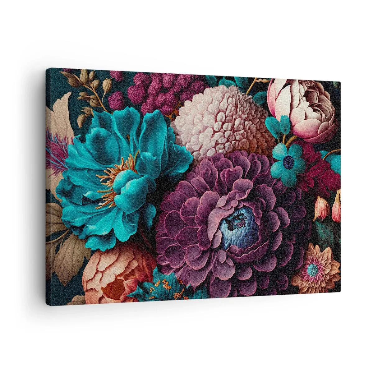 Obraz na plátne - Kytica kvetov v intenzívnych farbách na tmavom pozadí - 70x50cm - Úroda prírody - Moderná nástenná dekorácia do obývacej izby a spálne ARTTOR