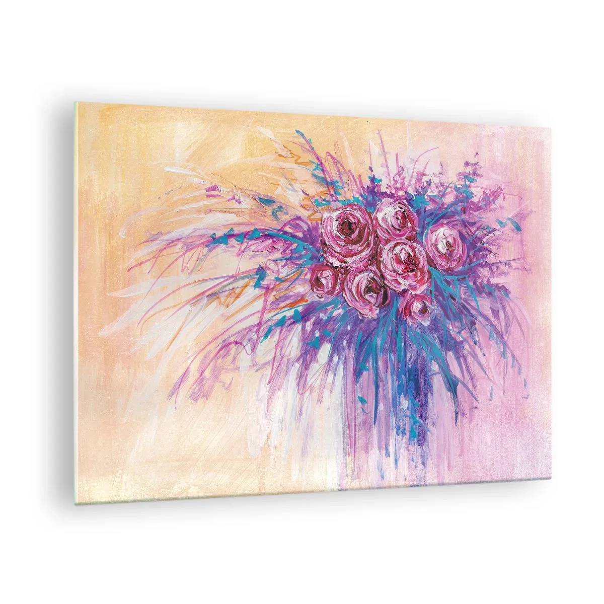Obraz na skle - Kytica ruží v odtieňoch ružovej a fialovej na pastelovom pozadí - 70x50cm - Ružová fontána - Moderná nástenná dekorácia do obývacej izby a spálne ARTTOR