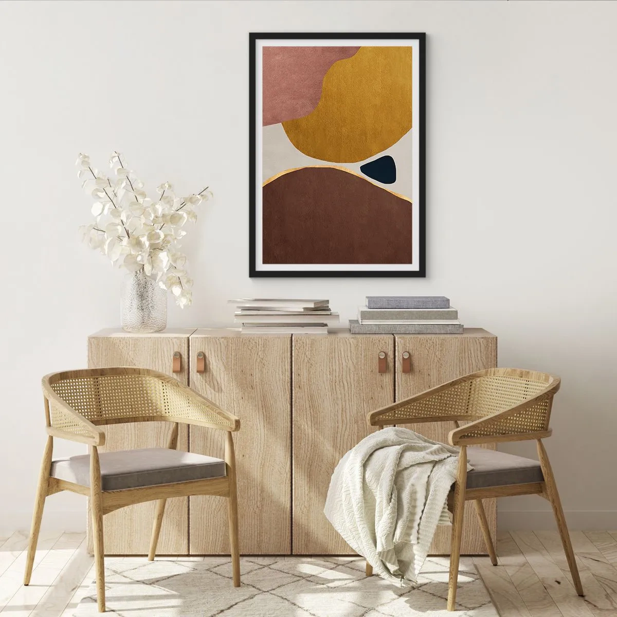 Plagát v čiernom ráme - Abstraktná geometrická kompozícia v teplých farbách - 50x70cm - Abstrakcia – miesto v priestore - Moderná nástenná dekorácia do obývacej izby a spálne ARTTOR
