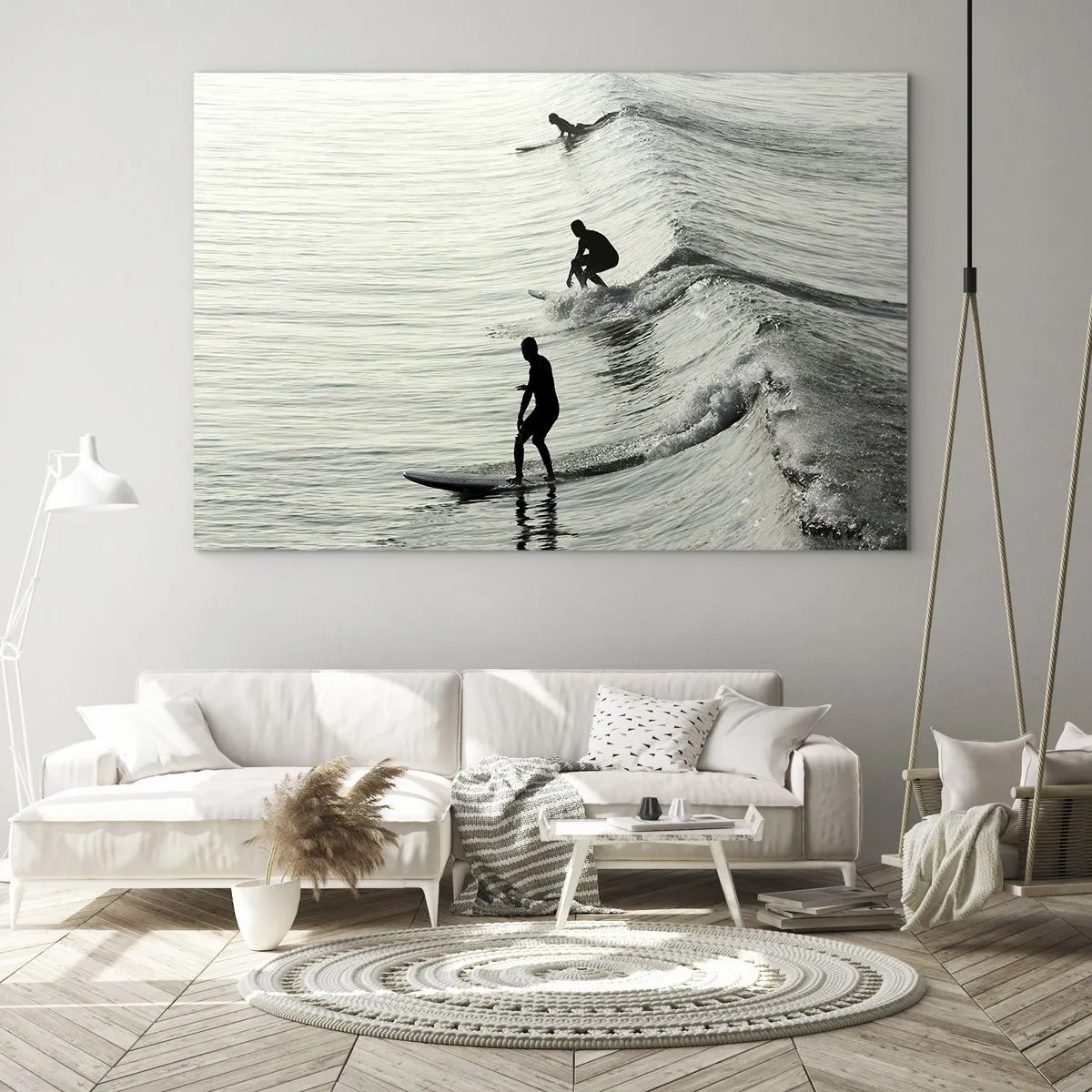 Obraz na skle - Traja surferi jazdiaci na vlnách ráno - 70x50cm - Vlne v ústrety - Moderná nástenná dekorácia do obývacej izby a spálne ARTTOR