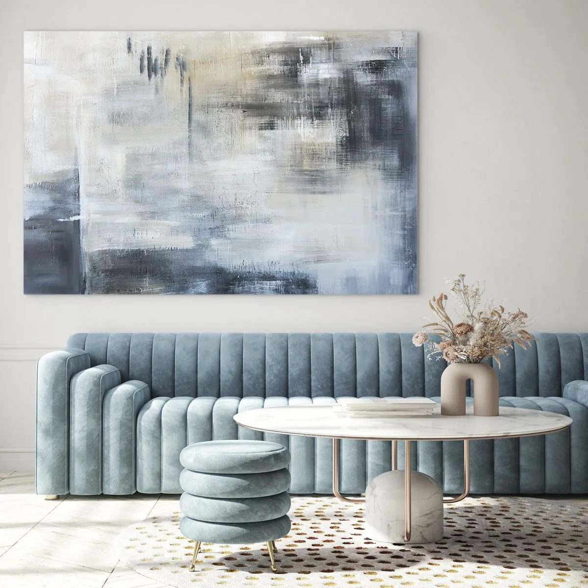 Obraz na skle - Abstraktná kompozícia v odtieňoch modrej a sivej - 70x50cm - Za závojom modrej - Moderná nástenná dekorácia do obývacej izby a spálne ARTTOR