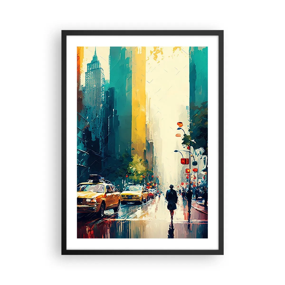 Plagát v čiernom ráme - Farebná ulica veľkého mesta so žltými taxíkmi - 50x70cm - New York – tu je aj dážď farebný - Moderná nástenná dekorácia do obývacej izby a spálne ARTTOR