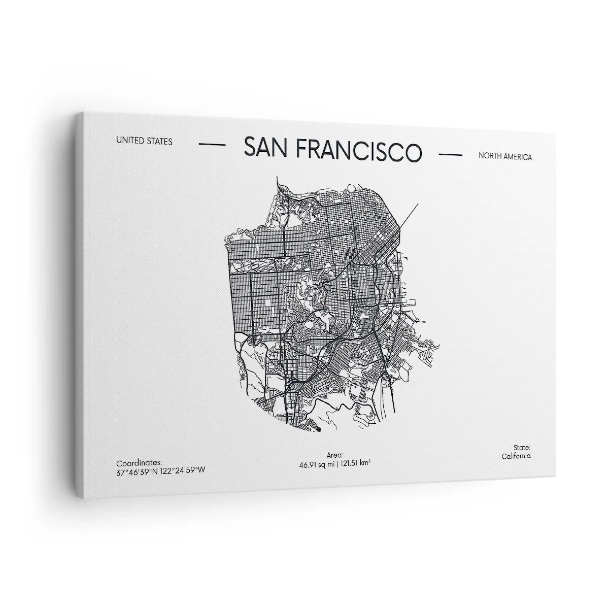 Obraz na plátne - Mapa San Francisca v čiernobielom minimalistickom štýle. - 70x50cm - Anatómia San Francisca - Moderná nástenná dekorácia do obývacej izby a spálne ARTTOR
