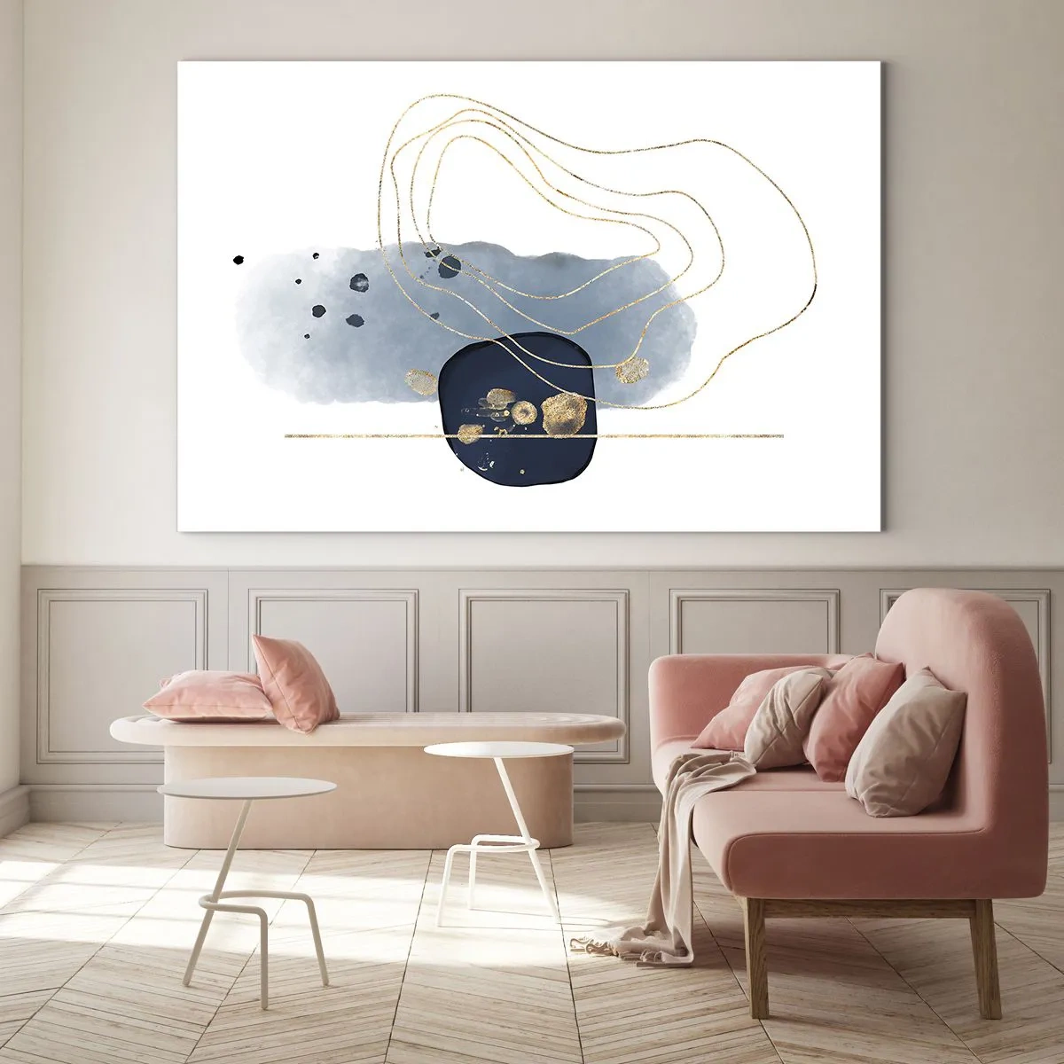 Obraz na skle - Abstraktná kompozícia v modrých a zlatých tónoch - 70x50cm - Modro-zlatá fantázia - Moderná nástenná dekorácia do obývacej izby a spálne ARTTOR