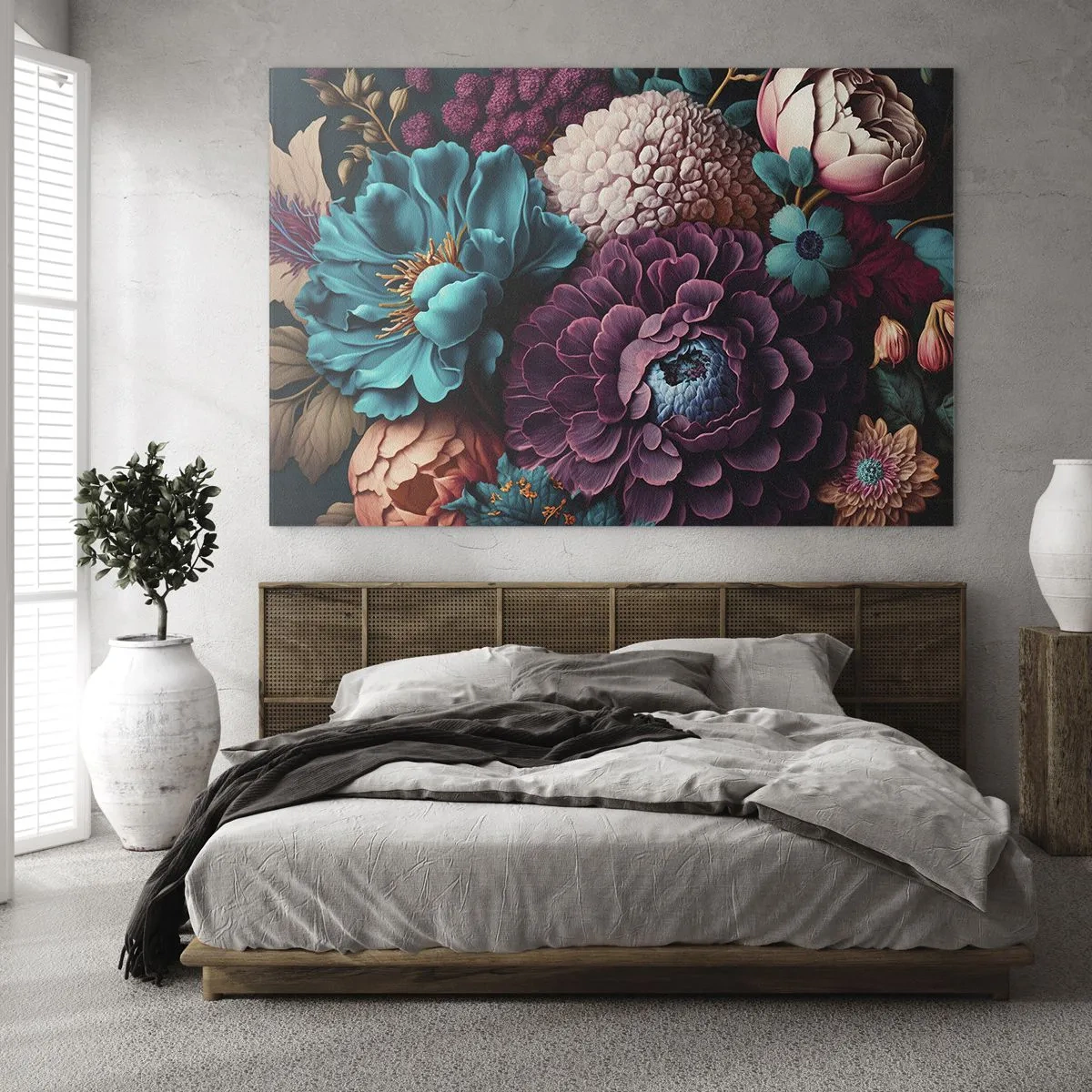 Obraz na skle - Bohatá kompozícia kvetov v intenzívnych farbách - 70x50cm - Úroda prírody - Moderná nástenná dekorácia do obývacej izby a spálne ARTTOR